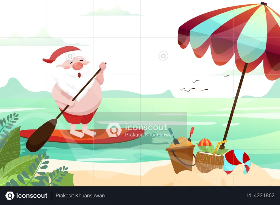 Santa Claus rowing on surf board  Illustration