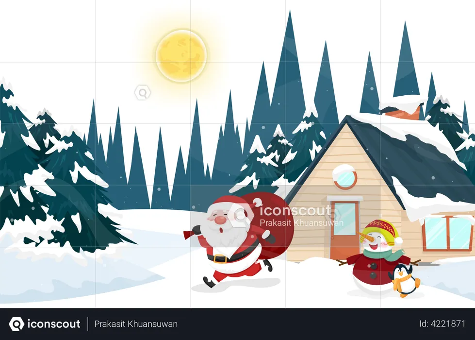 Santa Claus running in snow  Illustration