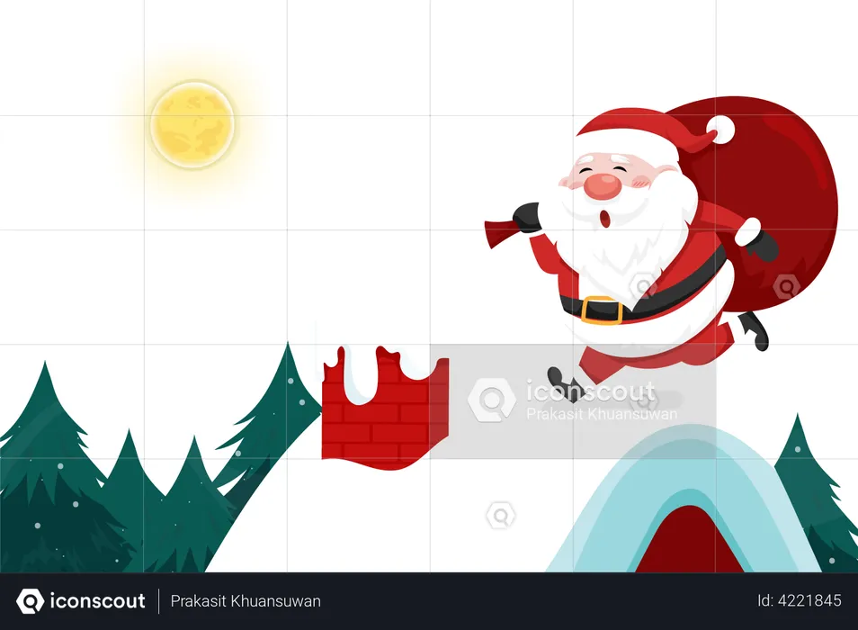 Santa Claus running on roof  Illustration