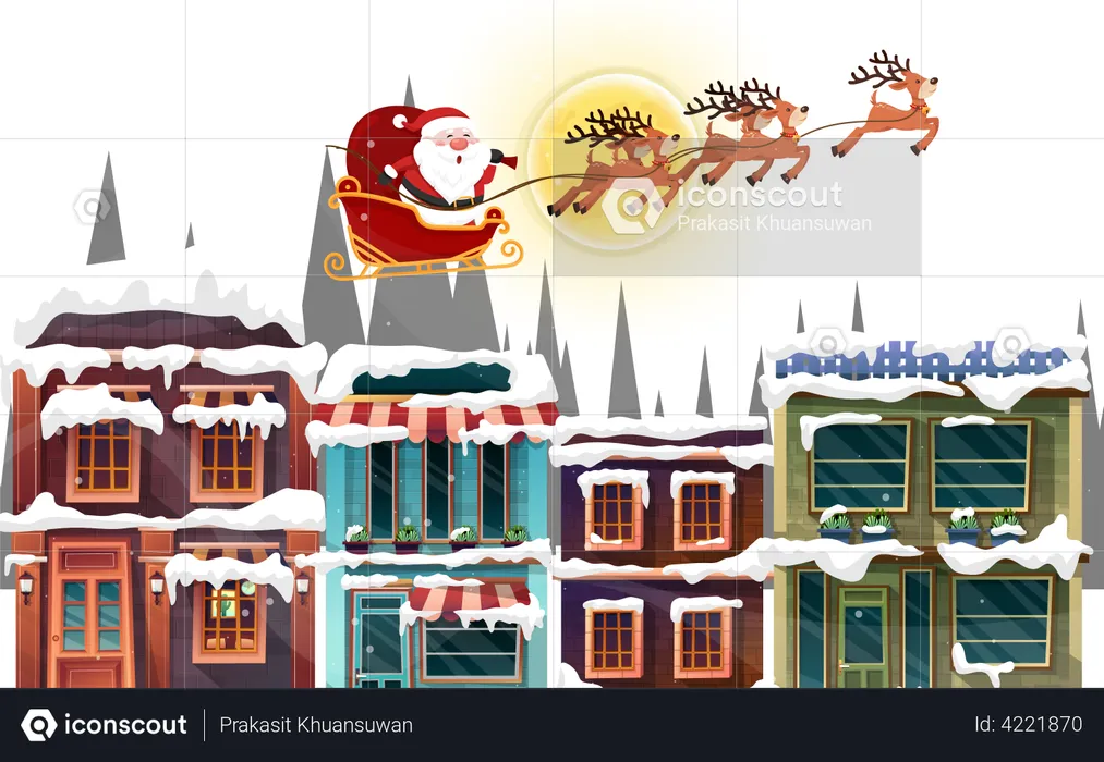 Santa Claus sled over rooftop and chimney at Christmas night  Illustration