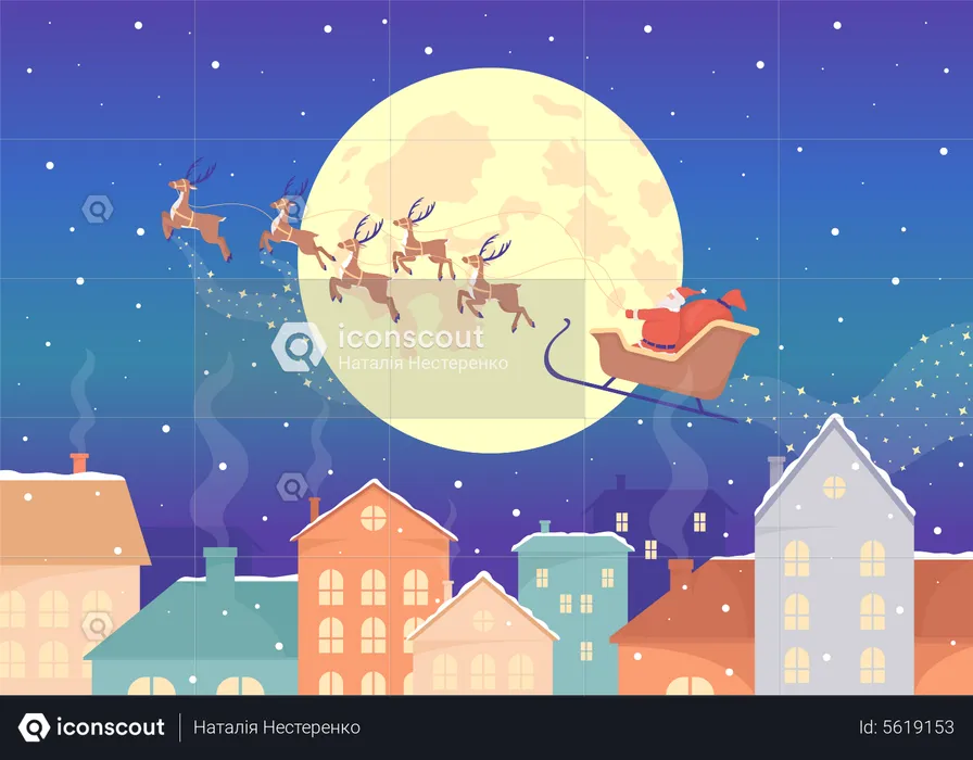 Santa Claus sleigh and reindeers flying above town  Illustration