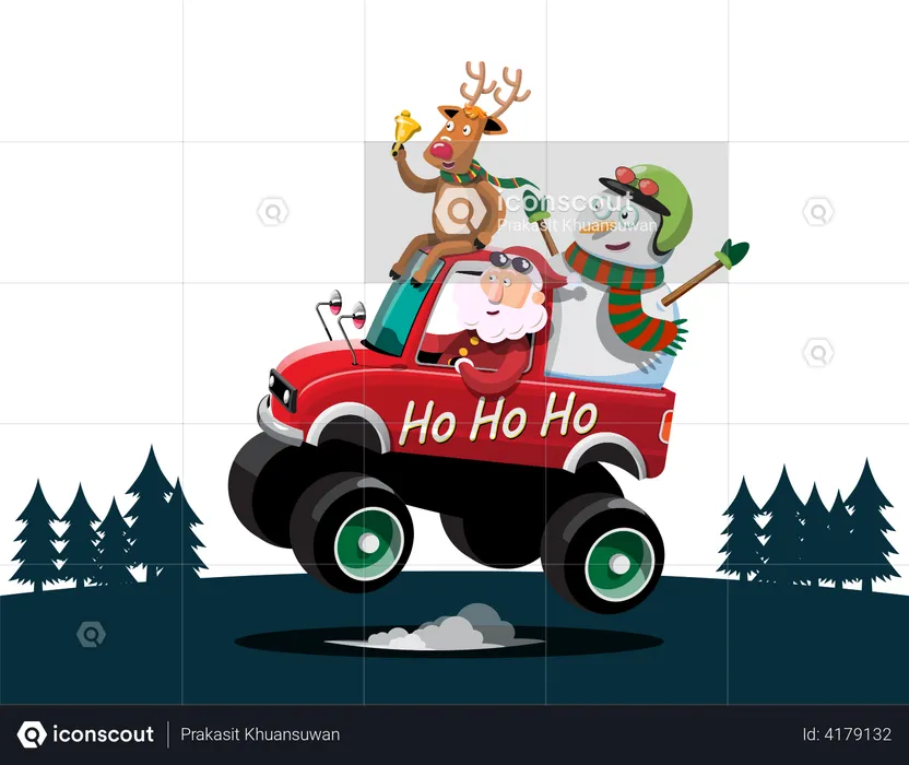 Santa Claus, snowman and reindeer drives a car to deliver gifts  Illustration