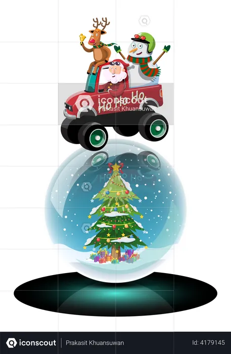 Santa Claus, snowman and reindeer drives a truck to deliver Christmas gifts  Illustration