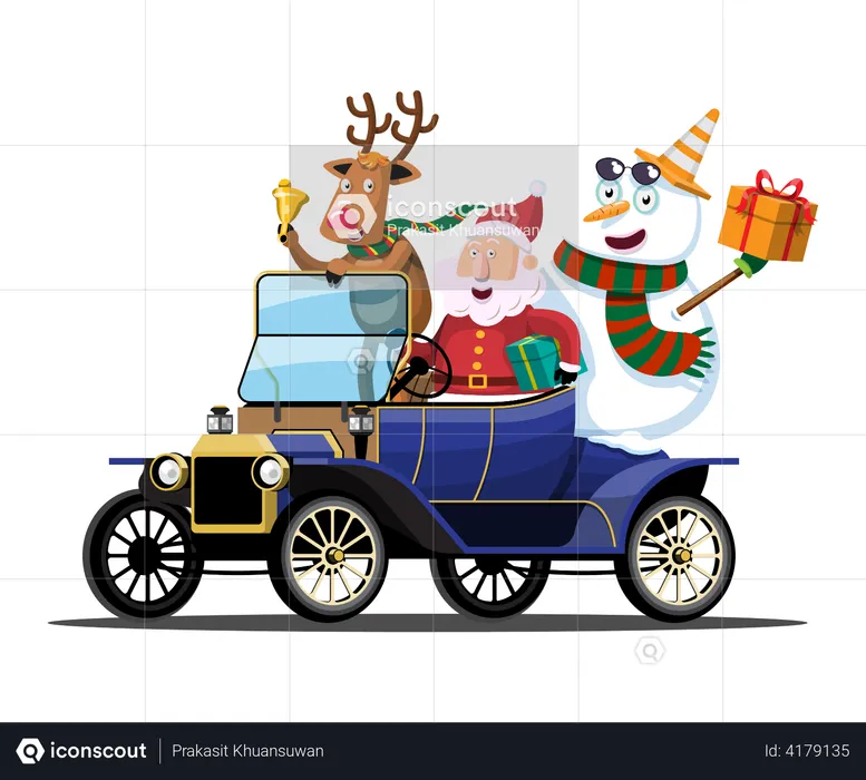 Santa Claus, snowman and reindeer drives a vintage car to deliver Christmas presents  Illustration