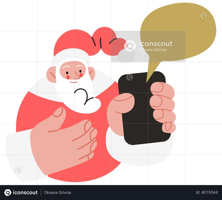 Papá Noel sosteniendo un teléfono con burbuja de chat  Ilustración