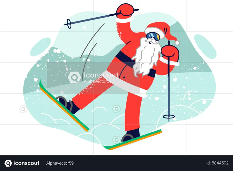 Santa claus stands on skis due to rush to christmas party or new year celebration  Illustration