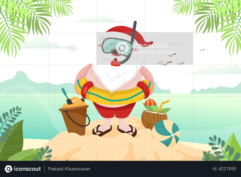 Santa claus wearing scuba suit on Beach  Illustration