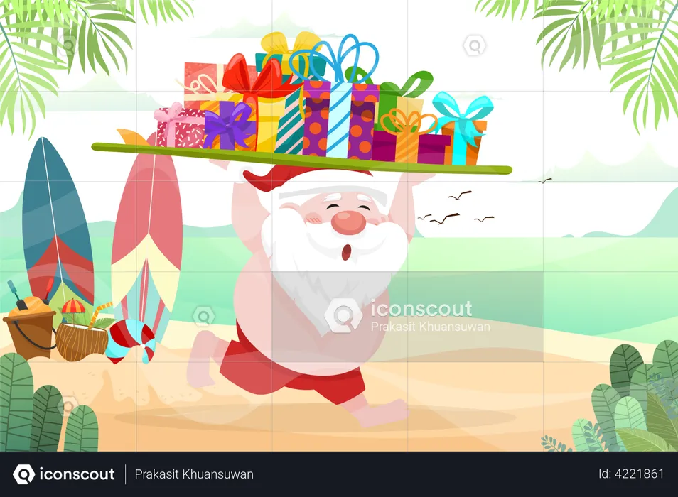 Santa Claus wearing swim suit and carrying a surfboard with gift boxes running on the beach  Illustration