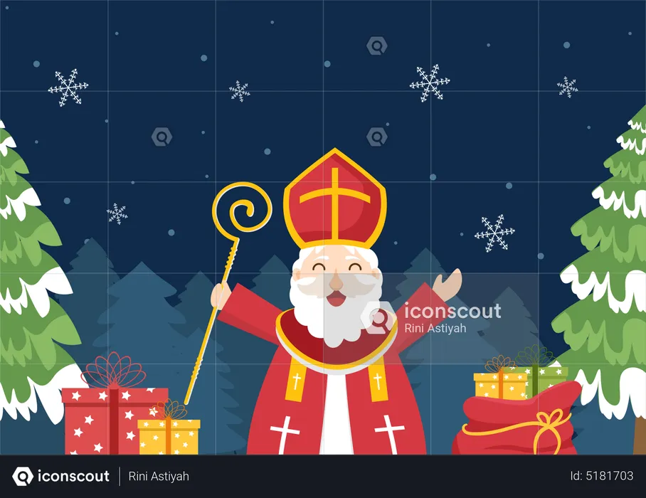 Santa Claus with gift boxes on Nicholas night  Illustration