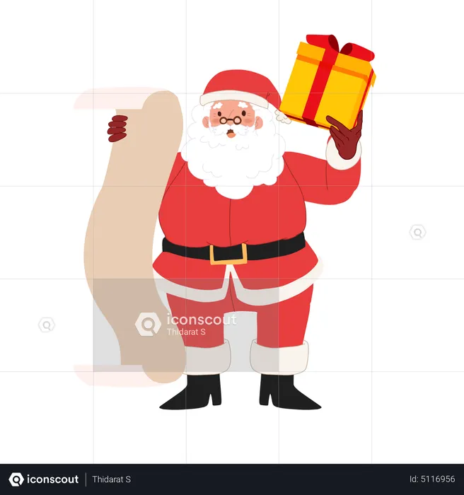 Santa claus with list and gift  Illustration