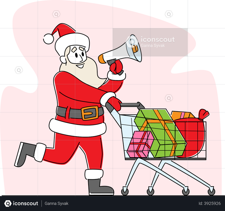 Santa Claus with Loudspeaker Pushing Shopping Trolley Announcing Christmas Sale Illustration