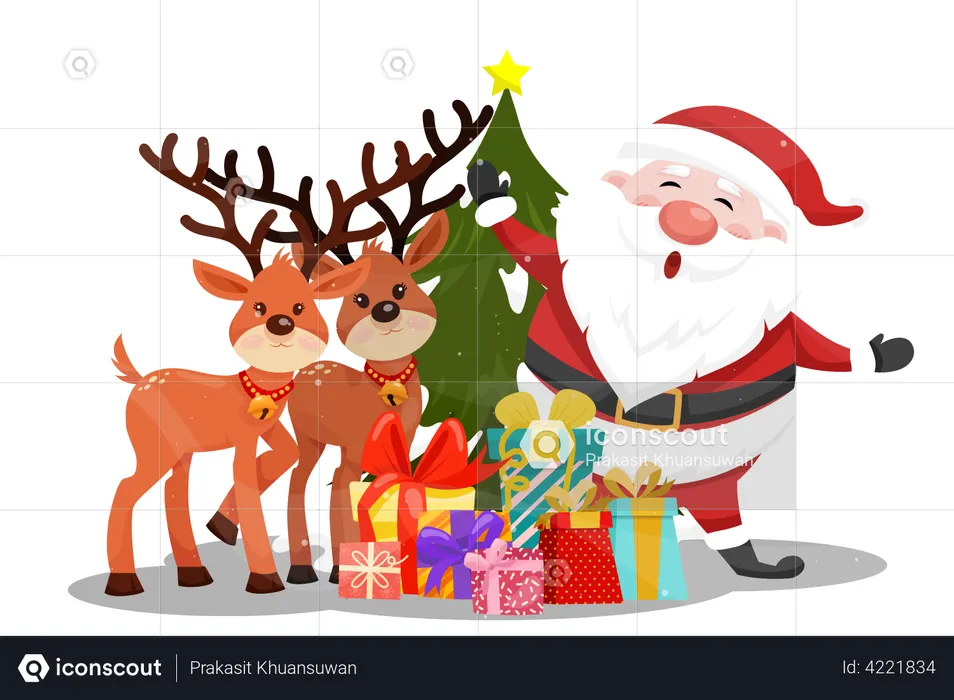 Santa Claus with two reindeer and preset box  Illustration