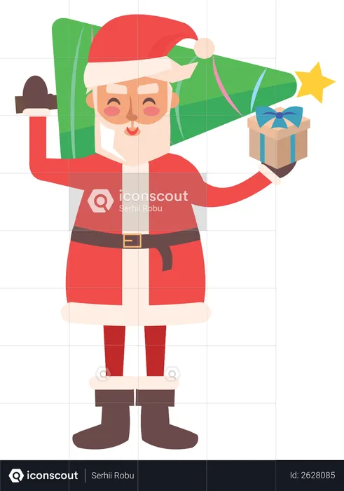 Santa Clause holding Christmas tree and Gift box  Illustration