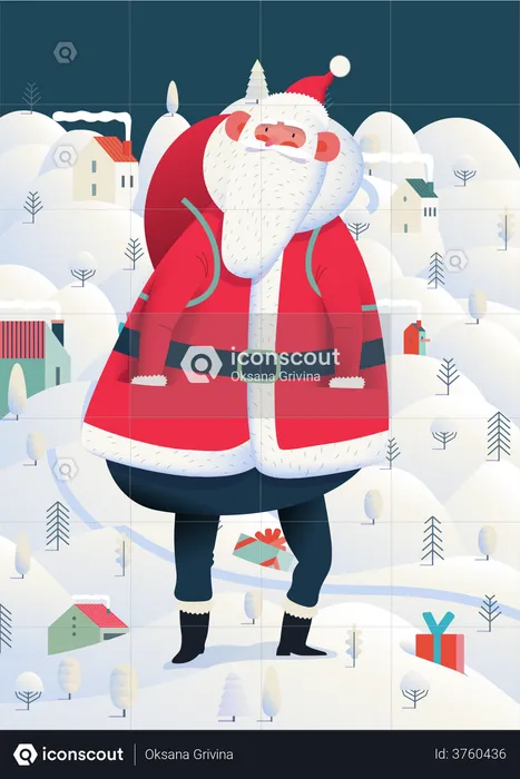 Santa con bolsa de regalo  Ilustración