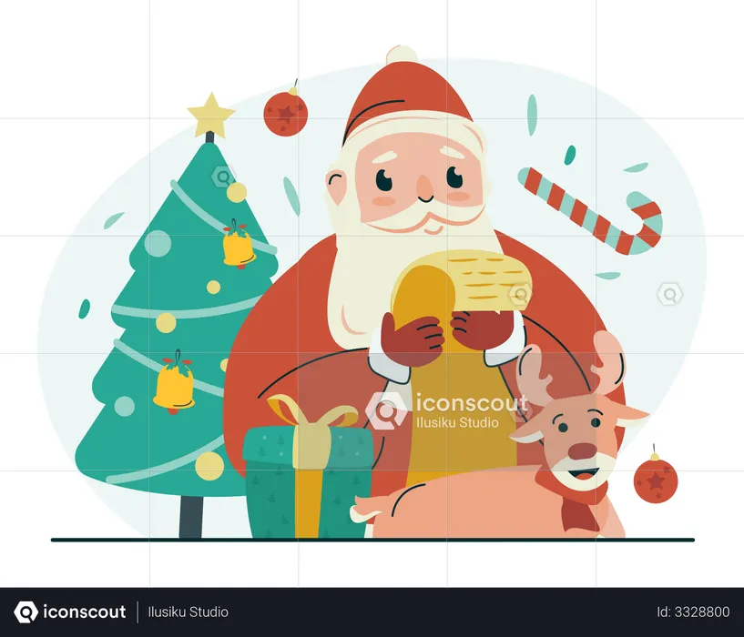 Santa con lista de regalos  Ilustración