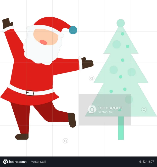 Santa dancing near the Christmas tree  Illustration