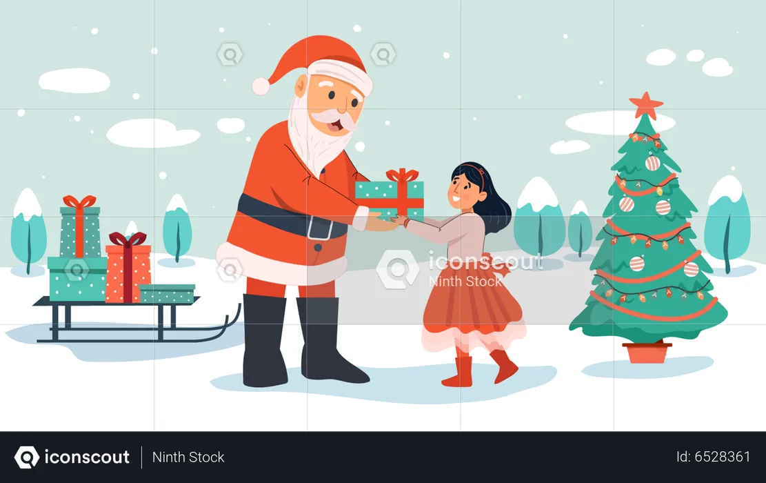 Santa dando regalo de Navidad a niña  Ilustración