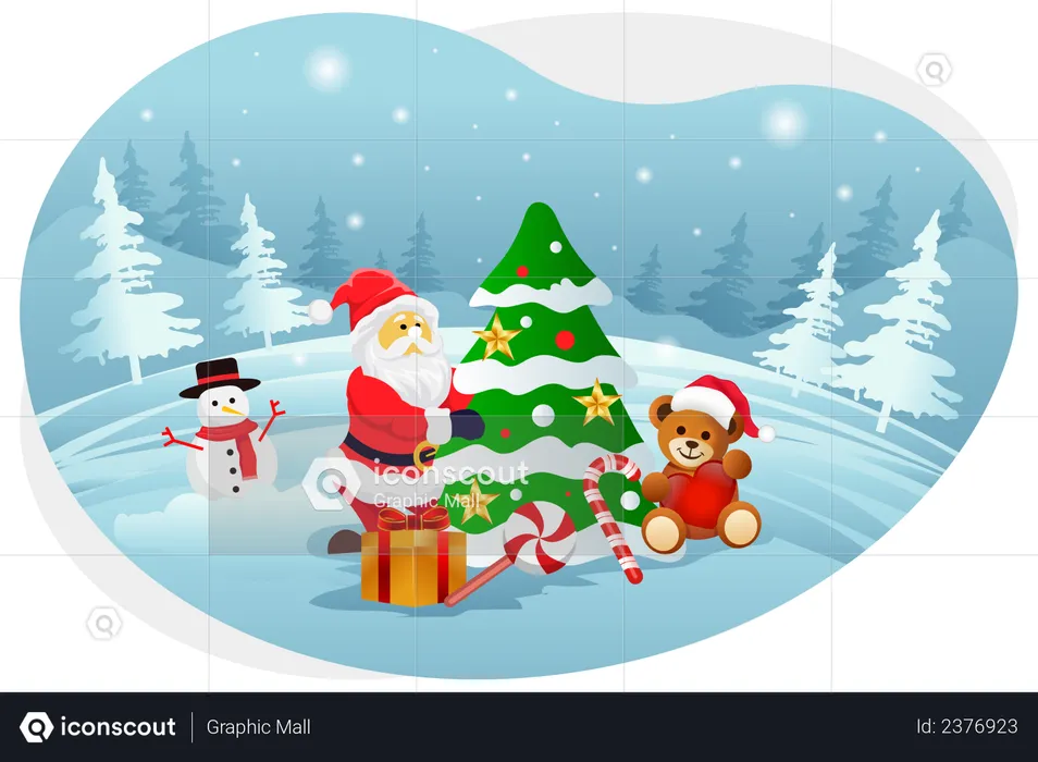 Santa decorating Christmas tree  Illustration