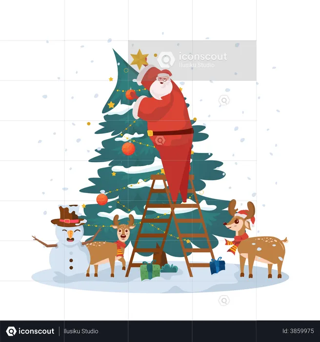 Santa decorating Christmas tree  Illustration