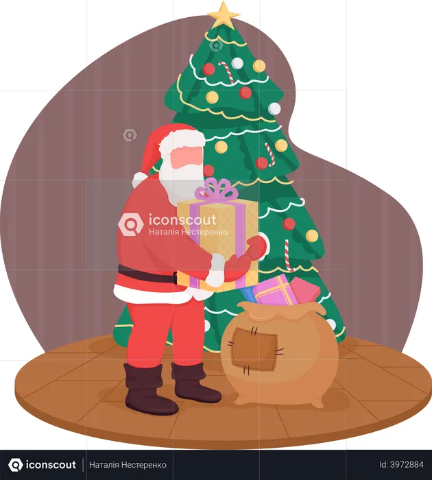 Santa distributes gifts from present bag  Illustration