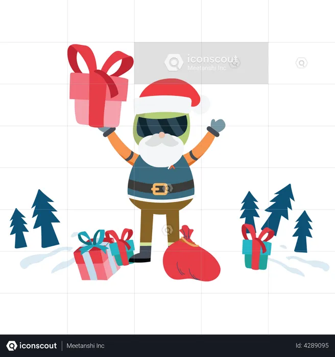 Santa distributes gifts from present bag  Illustration