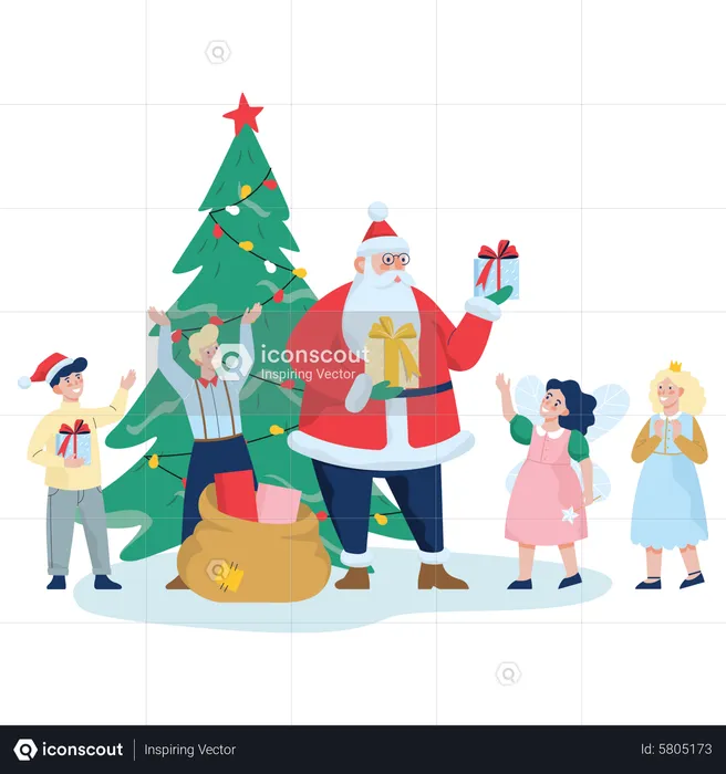 Santa distributing christmas gifts between children  Illustration