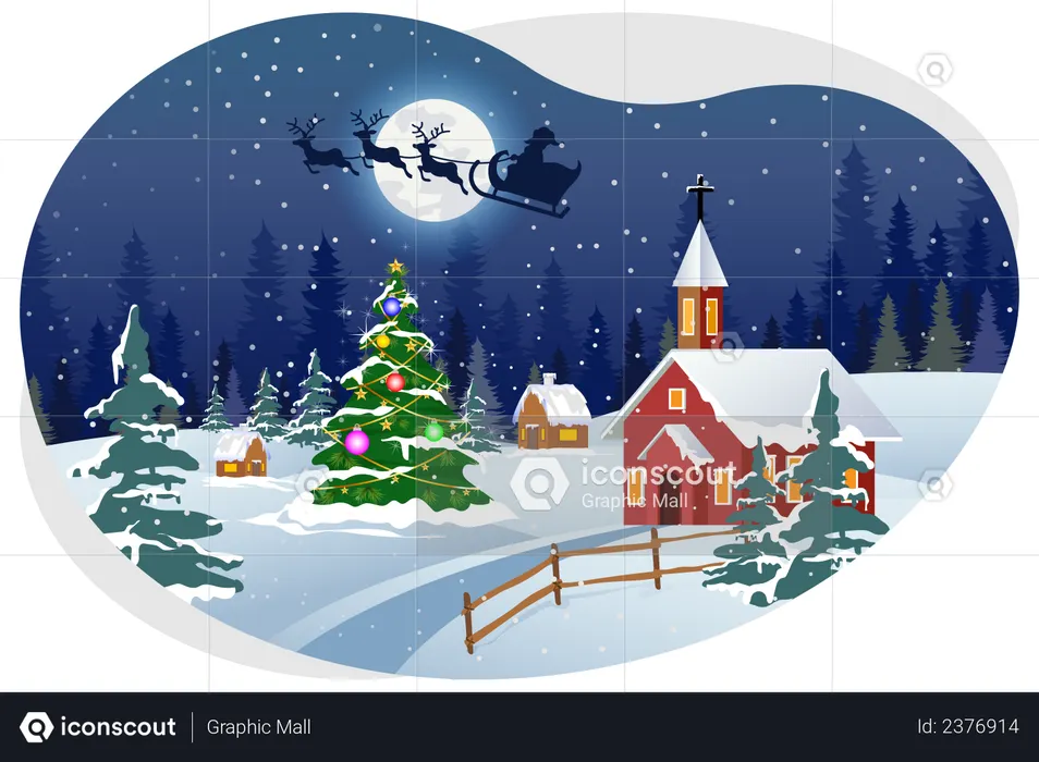 Santa flying in sky during Christmas night  Illustration