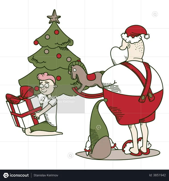 Santa gave a gift to a boy  Illustration