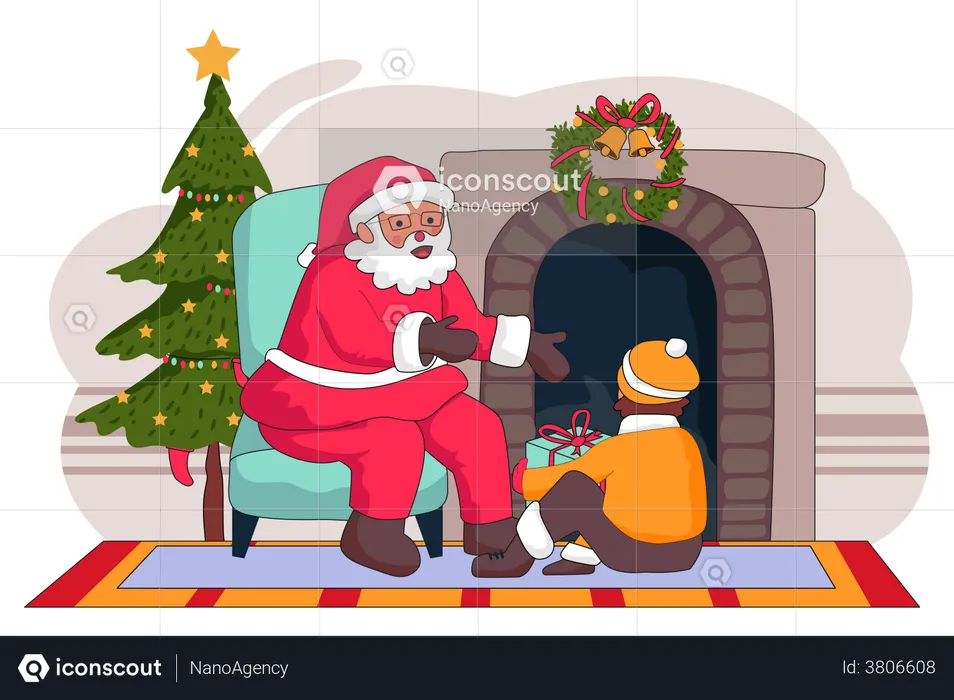 Santa giving Christmas gift to kid  Illustration