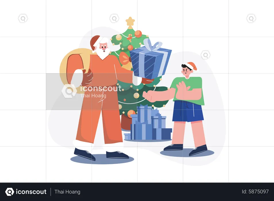 Santa Giving Christmas Gifts To Boy  Illustration
