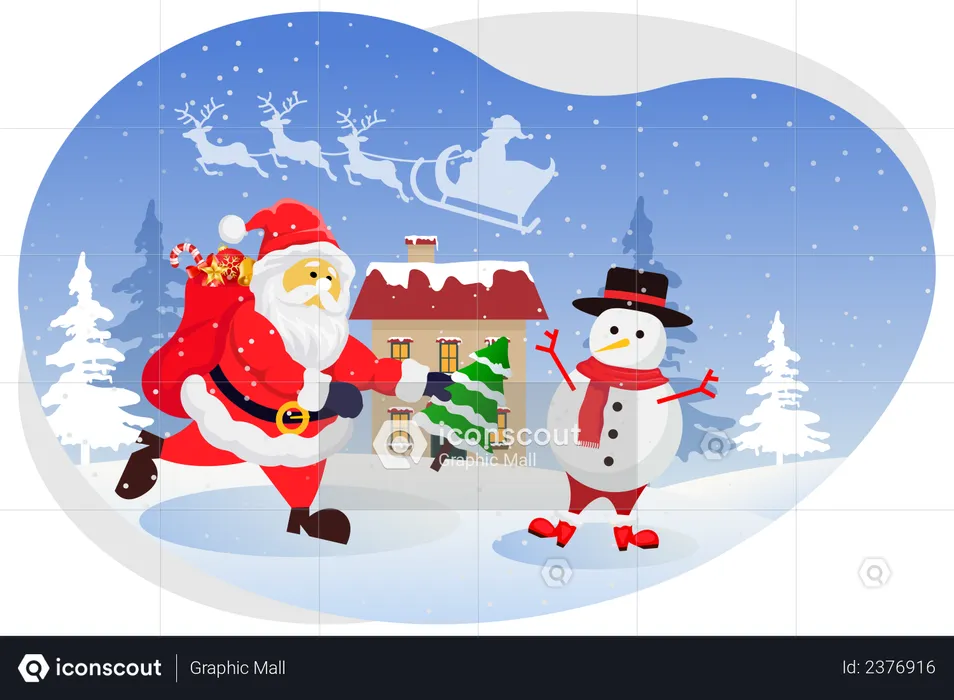 Santa giving gift to snowman  Illustration