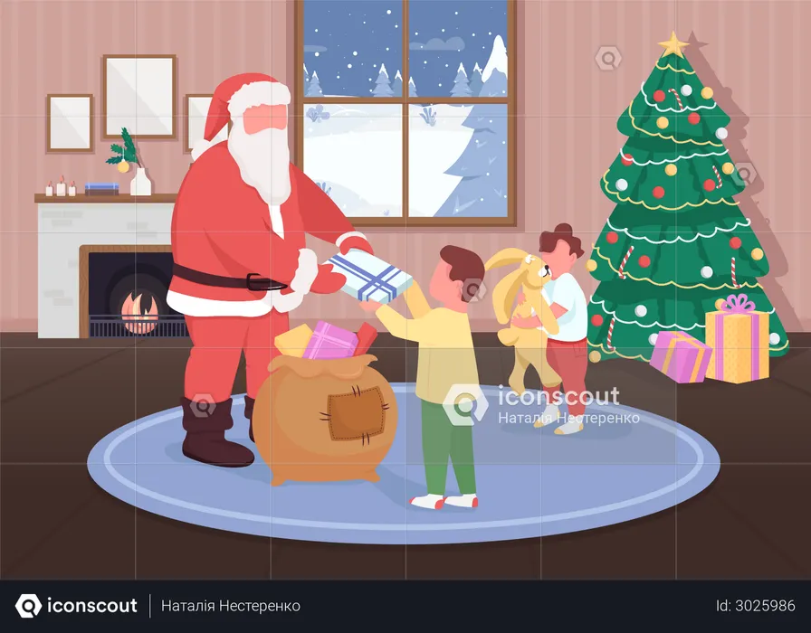 Santa giving gifts to children  Illustration