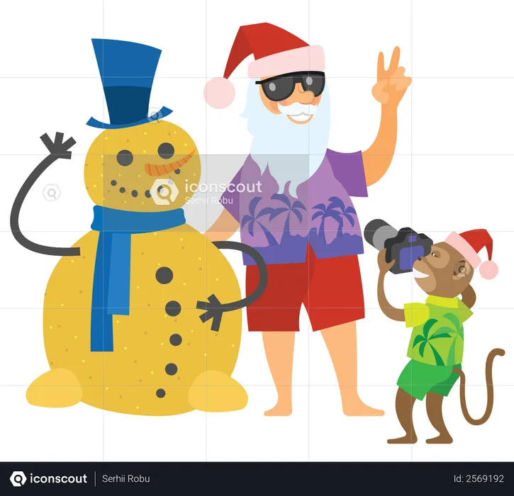 Santa giving pose with sand man and monkey clicking picture  Illustration