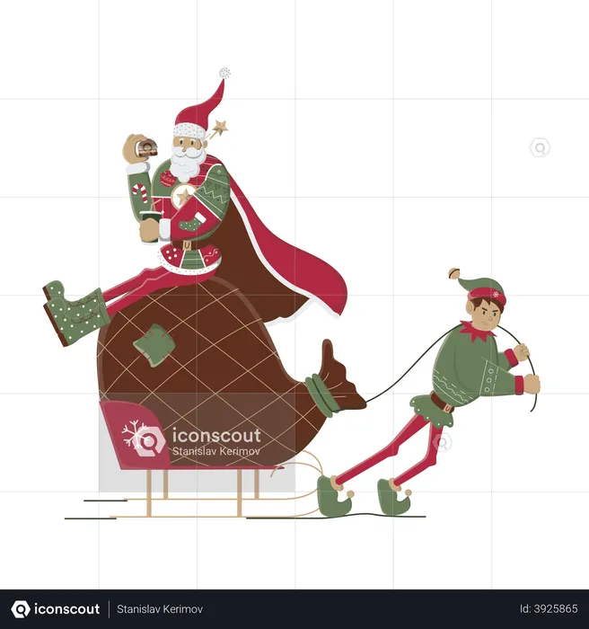 Santa helps the elf to carry sack of gift  Illustration