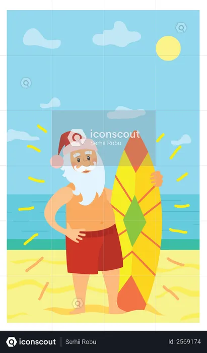 Santa holding surfboard  Illustration