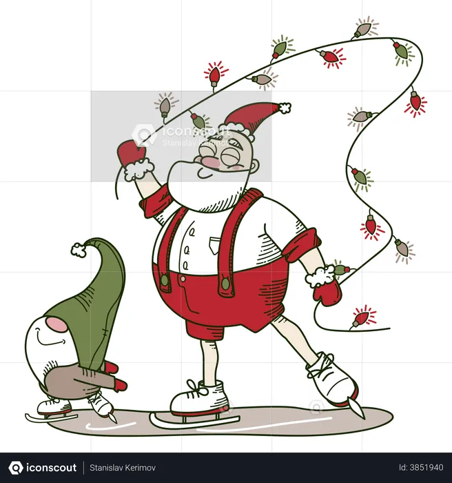 Santa ice skating with garland  Illustration