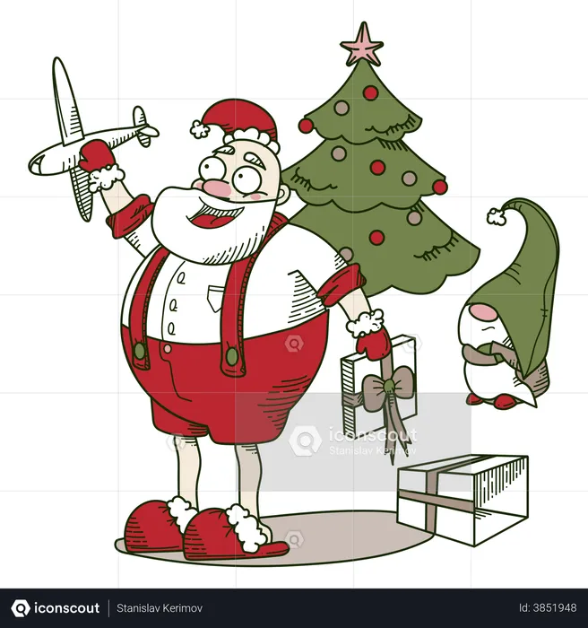 Santa jugando con un avión  Ilustración