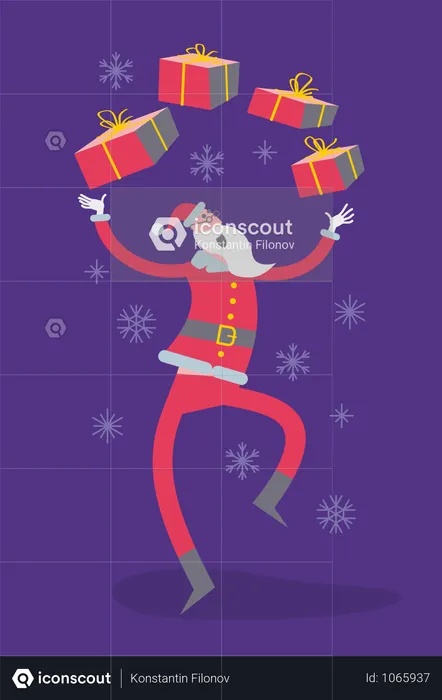 Santa Juggles And Dancing With Gift  Illustration
