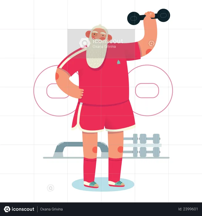 Santa lifting dumbbell in gym  Illustration