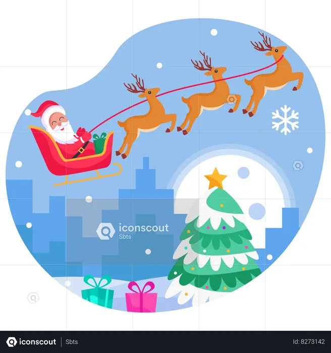 Santa On Reindeer Sleigh  Illustration