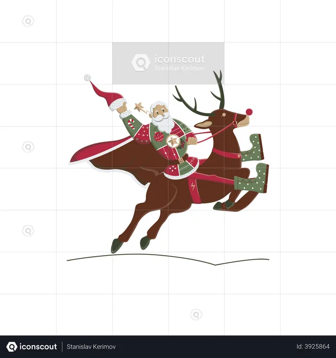 Santa riding reindeer  Illustration