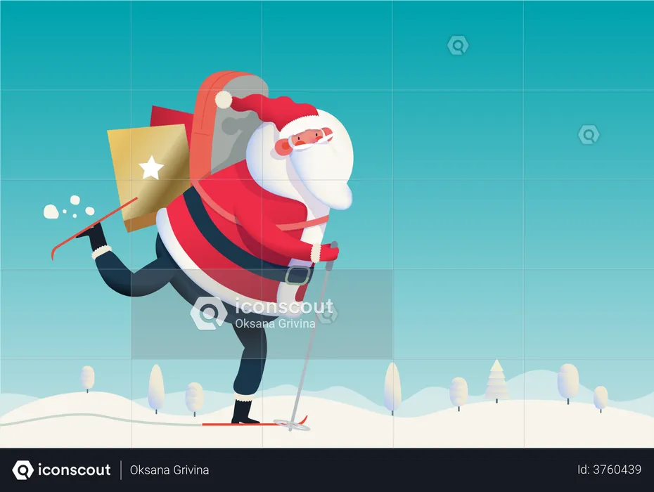 Santa skiing with gifts bags  Illustration