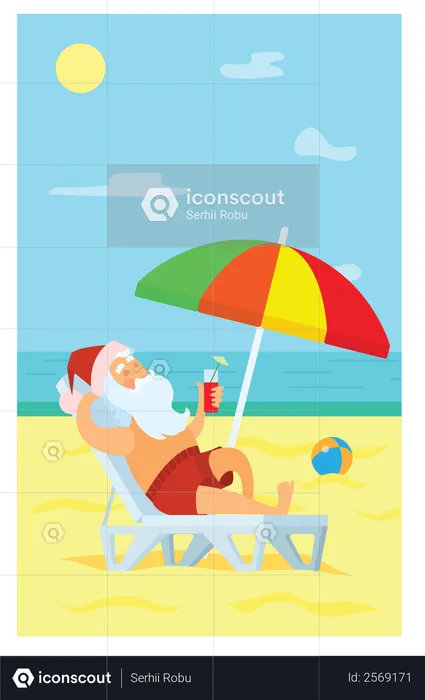 Santa sleeping under sunshade and drinking Coldrink  Illustration