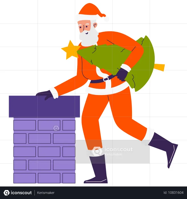 Santa standing near roof's Chimney  Illustration