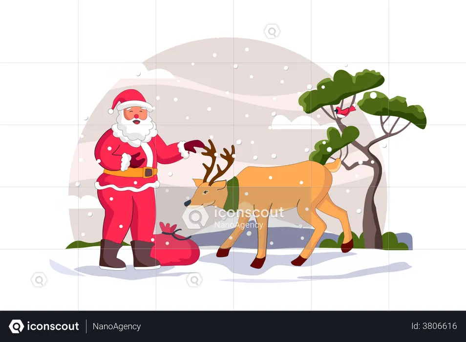 Santa standing with reindeer  Illustration