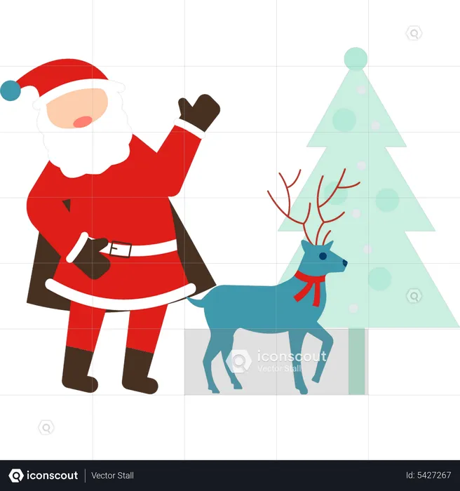 Santa stands with Christmas tree and reindeer  Illustration