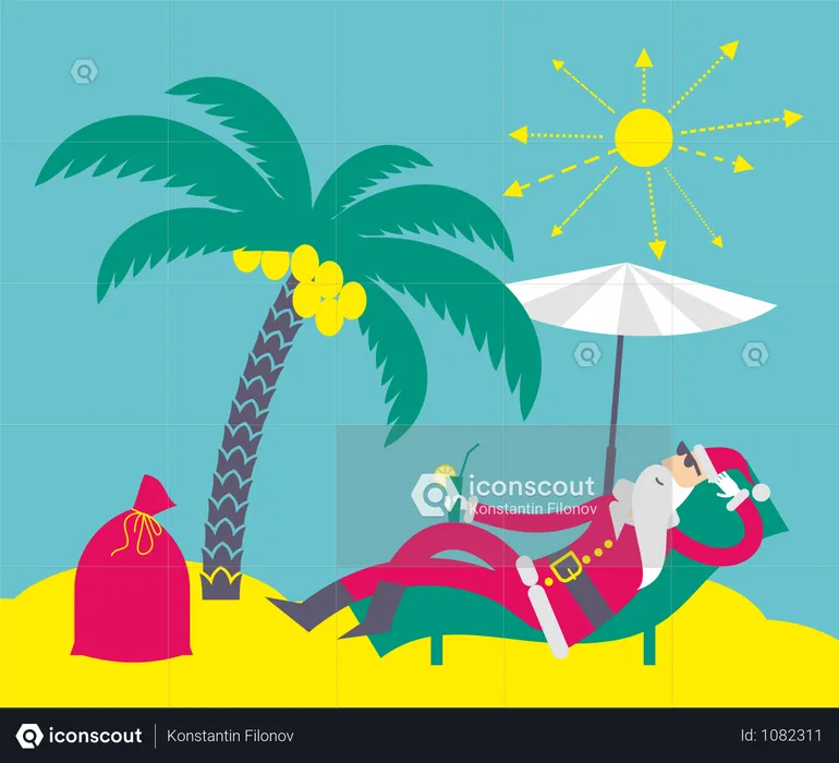 Santa Sunbathes On The Beach  Illustration