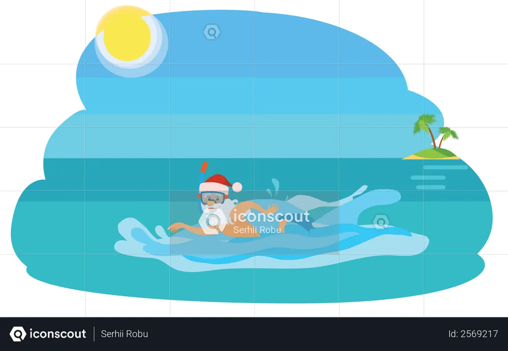 Santa swimming in sea  Illustration