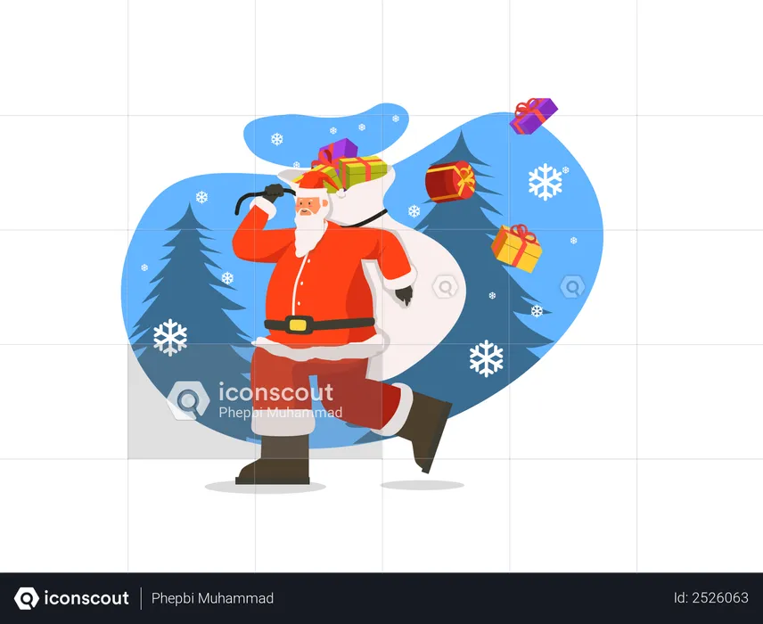 Santa walking with gift bag on his back  Illustration