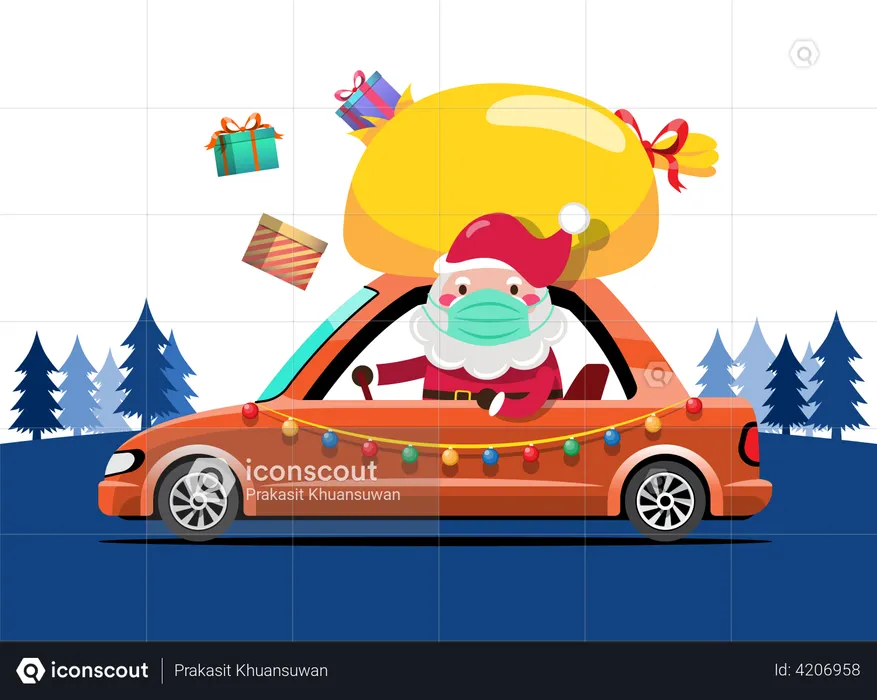 Santa with facemask going to deliver gifts  Illustration